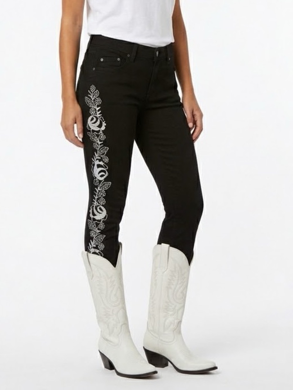 LF Carmar Skinny Jeans Embroidered Floral black Western Boho Style Size 26 NWOT